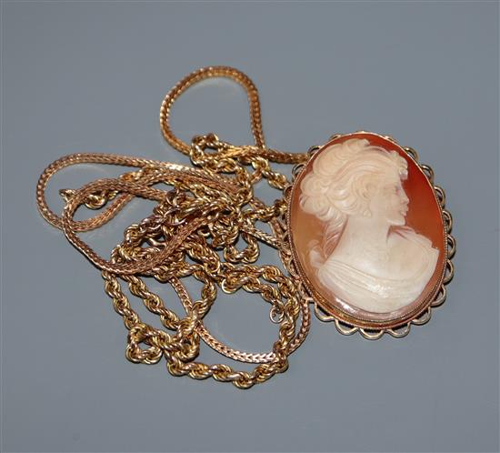 A modern 9ct. gold framed carved cameo portrait brooch, a 9ct. gold multi-twist necklace and one other 9ct. gold necklace.